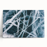 Close-up of frost patterns in black and white on a stretched canvas, ideal for kitchen wall art.