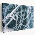 Close-up of ice with frost patterns on a stretched canvas, featuring cool blue and white tones, ideal for kitchen wall art.