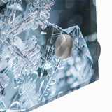 Close-up of frost design in muted gray on acrylic glass, large abstract wall art ideal for dining room ambiance.