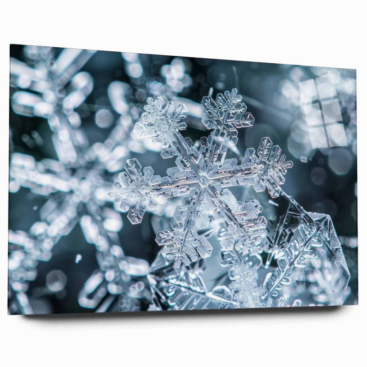 Large abstract wall art featuring a frost design in cool blue tones on acrylic glass, ideal for bedroom or dining room decor.