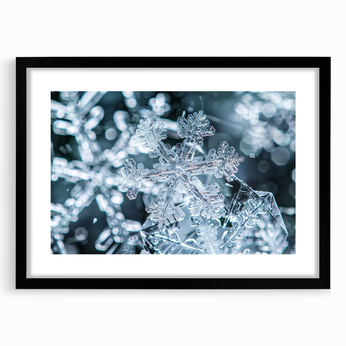 Extra large abstract art print depicting a frost design in vibrant blue and white tones on a black framed canvas.