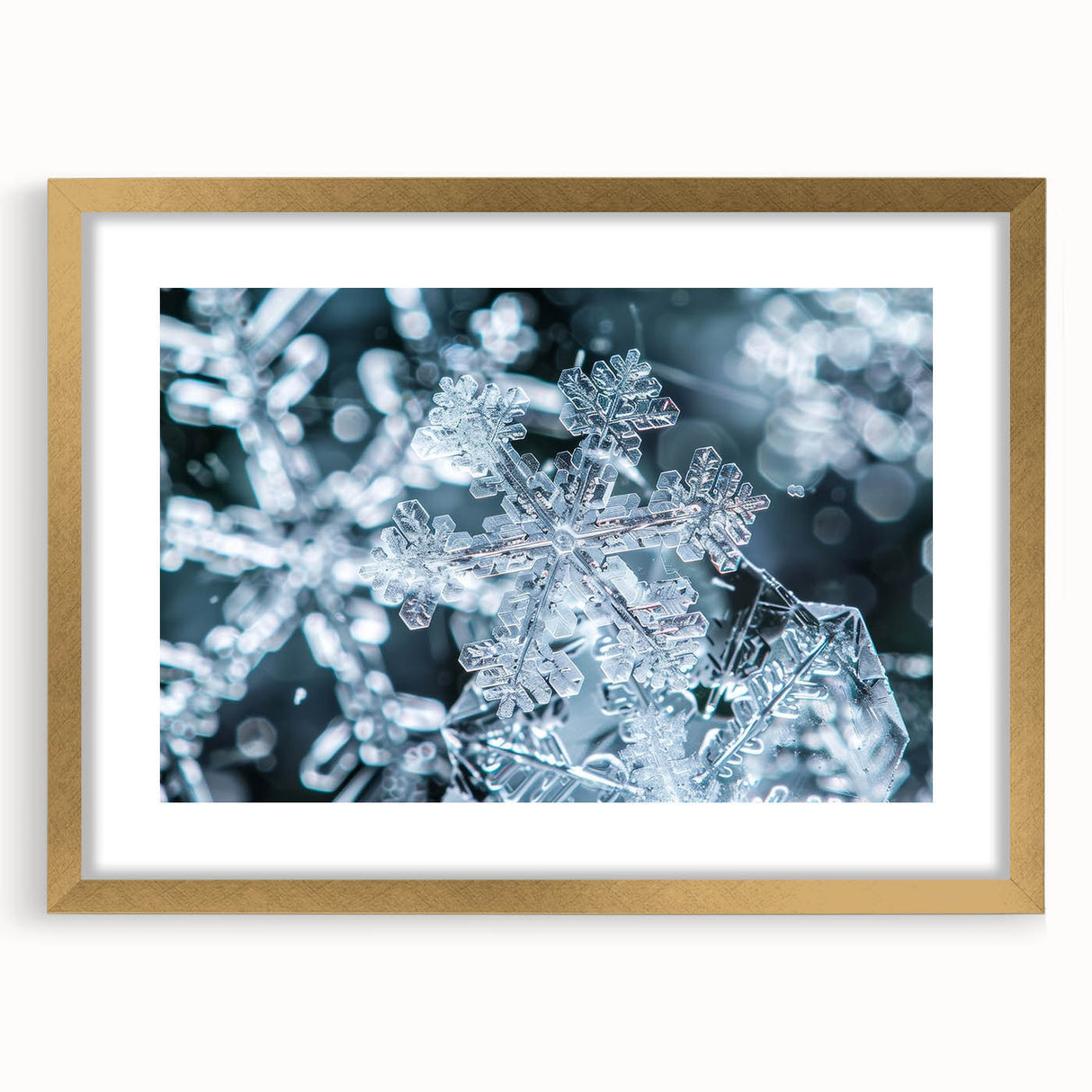 Close-up textured art print of frost patterns in muted gray and white, framed in gold, ideal for bedroom art.