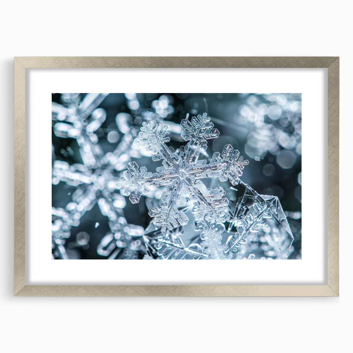 Abstract art print featuring a close-up frost design in cool blue and white tones, framed in silver.