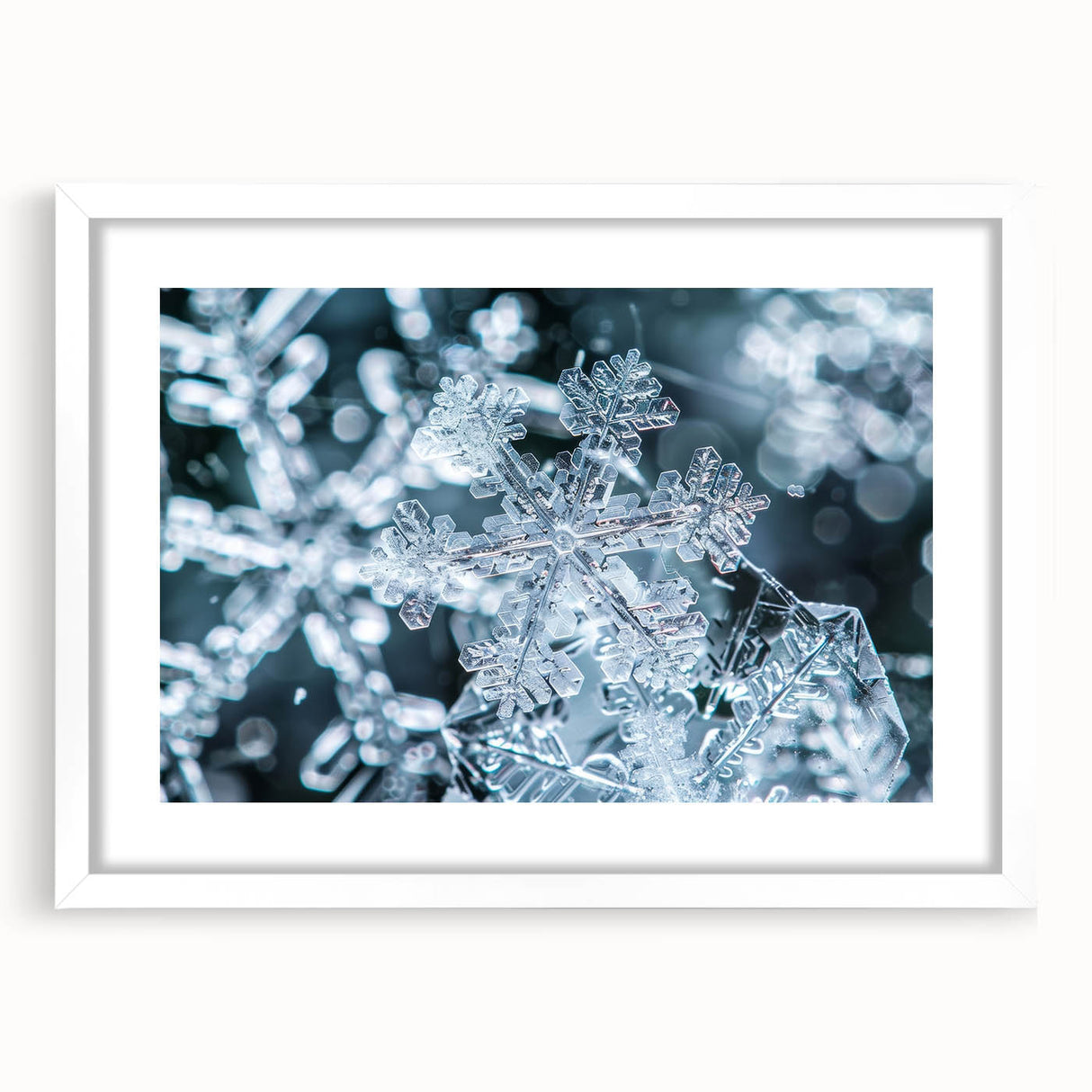 Extra large abstract art print featuring textured frost designs in cool blue and white tones on a framed canvas.