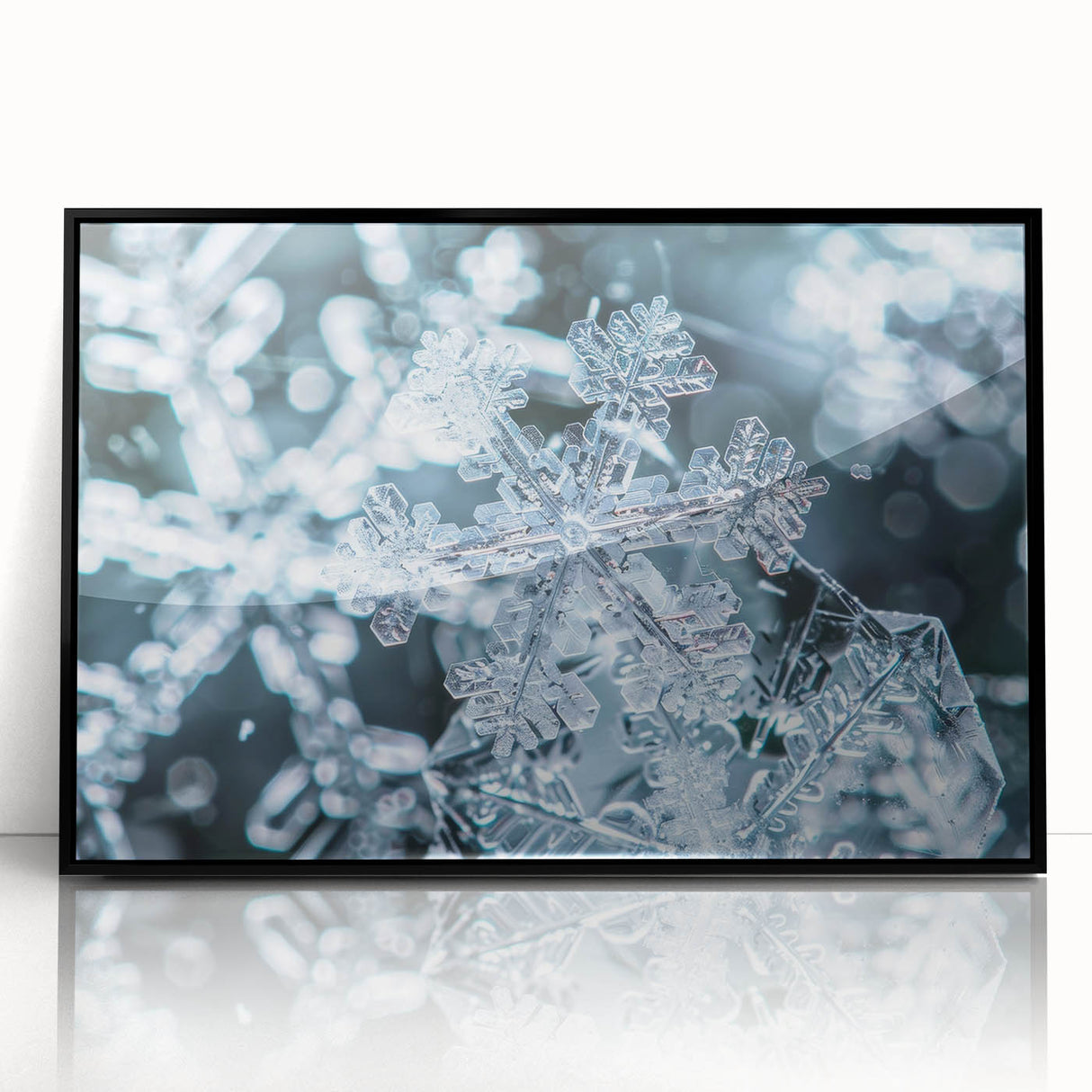 Large abstract wall art depicting a frost design in muted gray tones on a framed acrylic, ideal for modern living room decor.