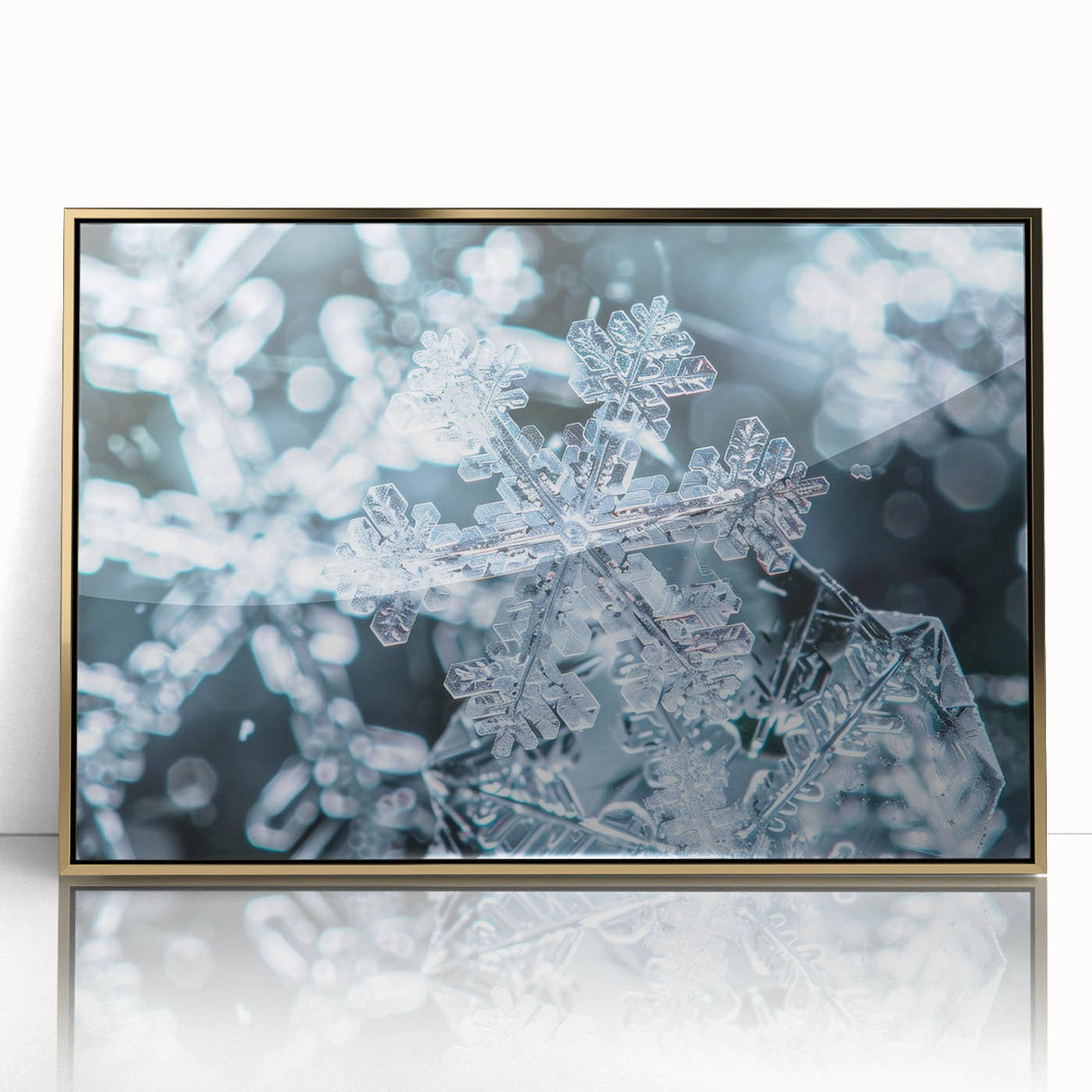 Mid-century modernist art depicting frosted ice patterns in muted gray, acrylic framed in gold, ideal for nursery wall decor.