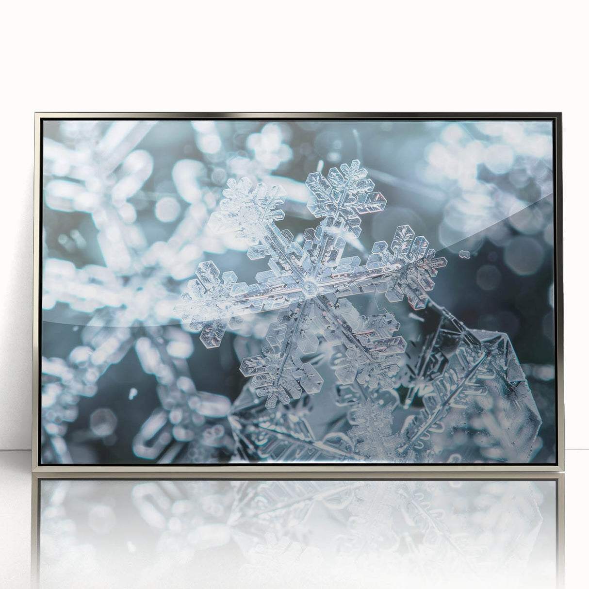 Framed acrylic print of a frost design in silver tones, ideal for modern art wall decor or a nursery.