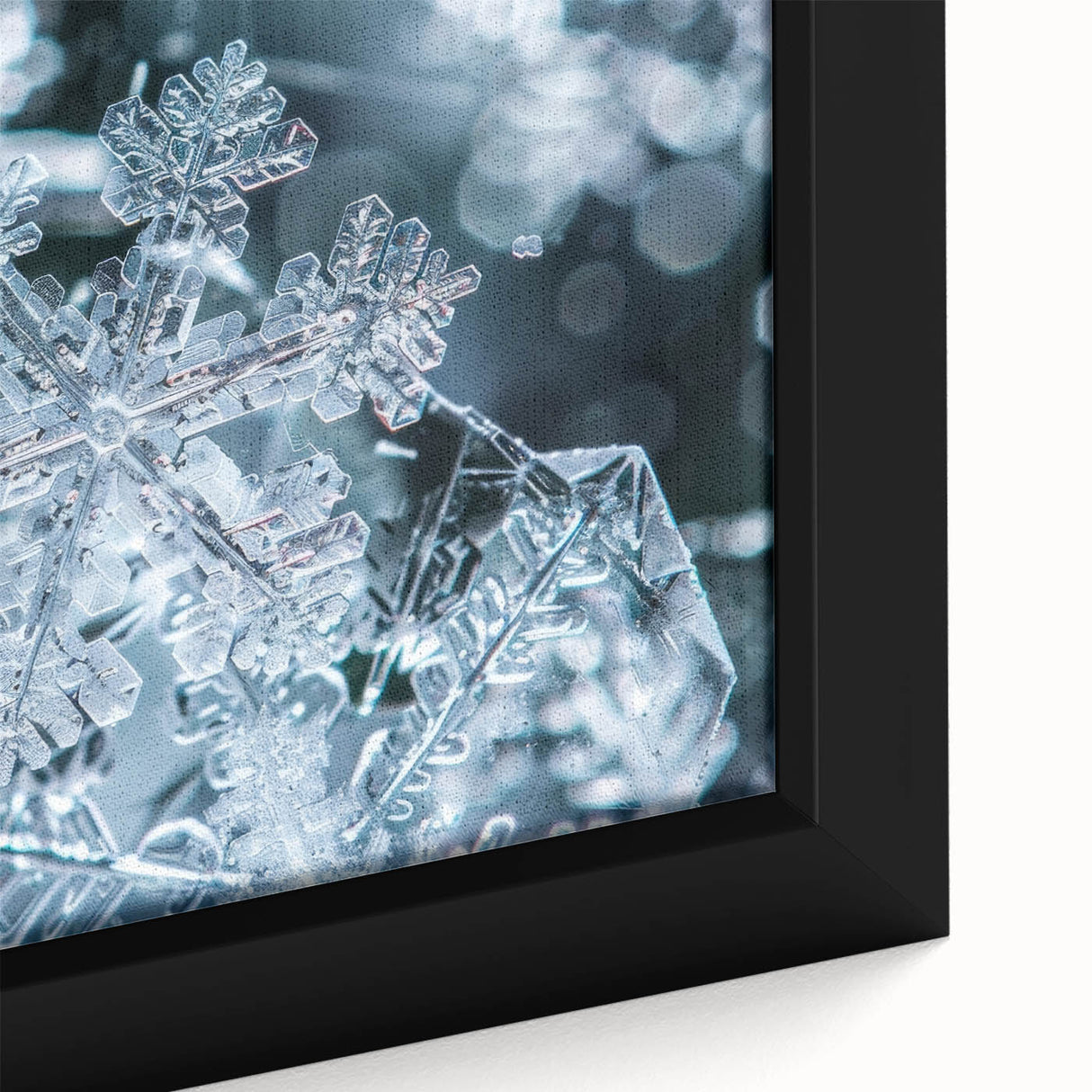 Framed canvas featuring a close-up of frost on ice, with a black background and textured surface.
