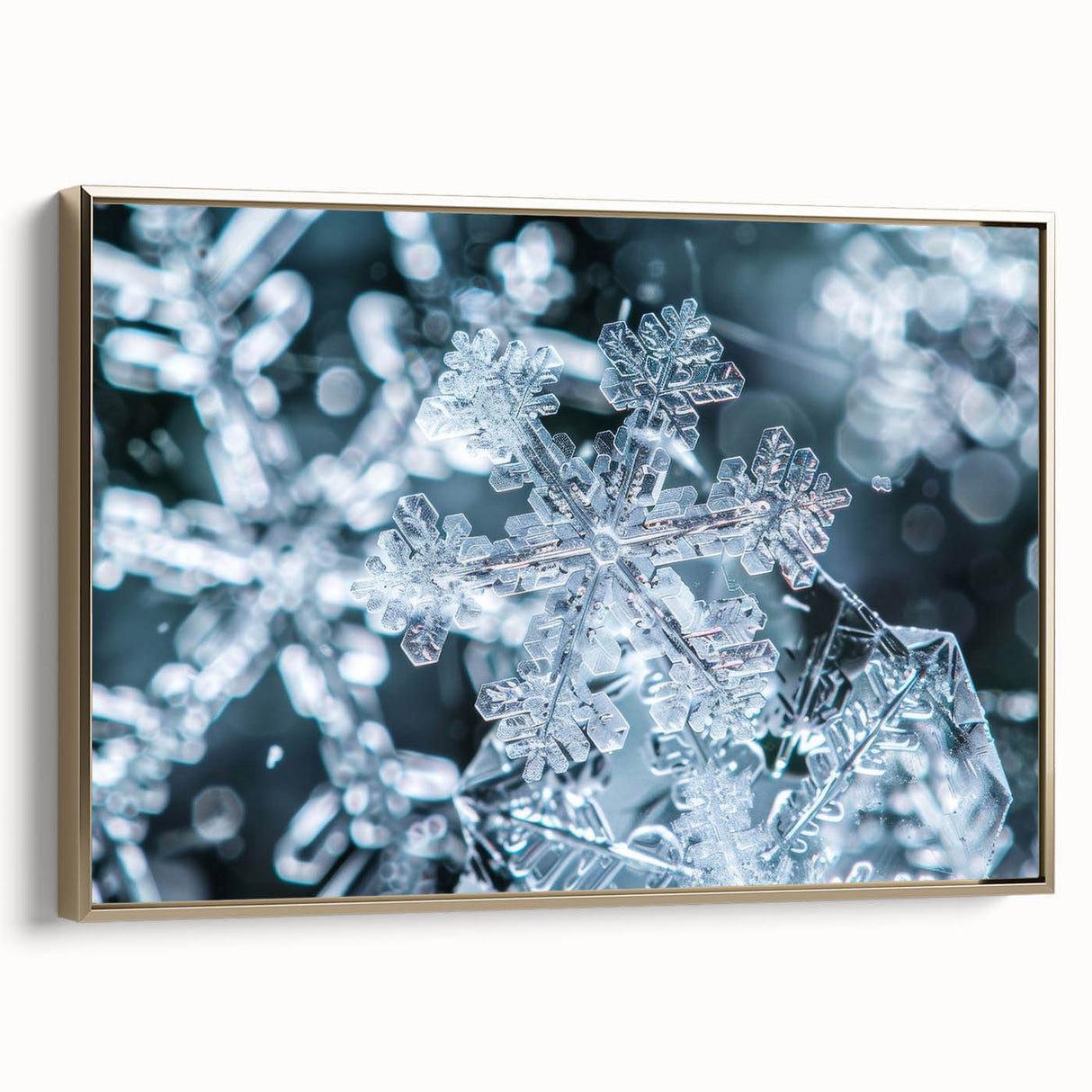 Framed canvas of a close-up ice frost design in muted gray and gold tones, ideal for adding a serene touch to office spaces.