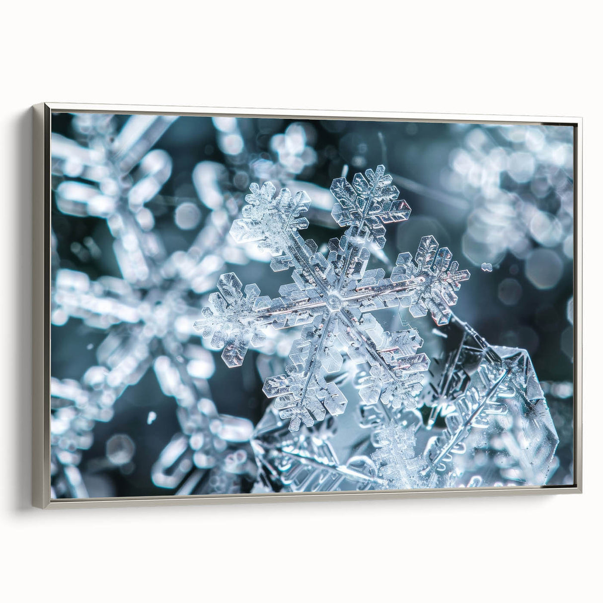 Vintage poster art featuring a close-up of frost patterns in black and colorful hues on extra large framed canvas.