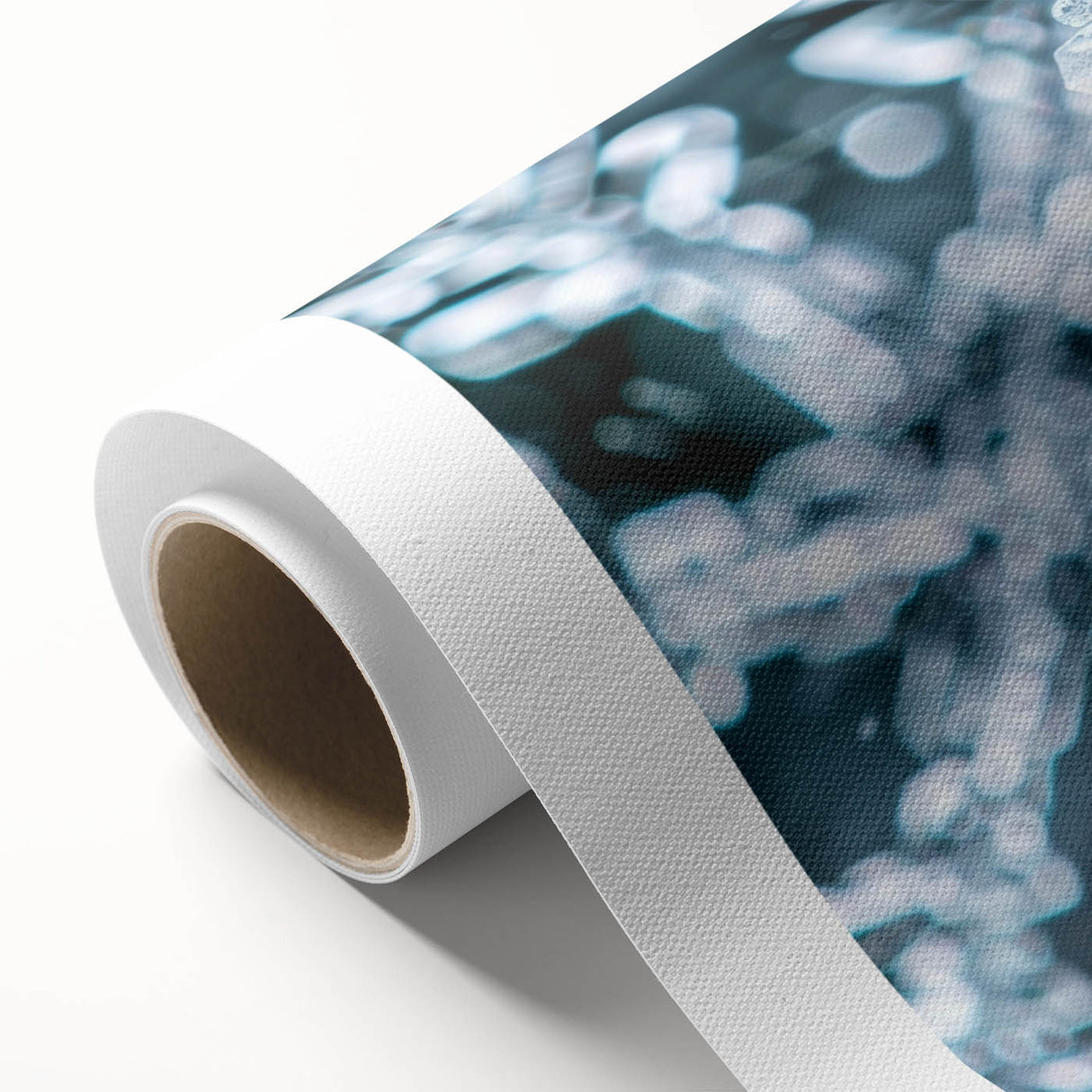 Close-up of frost patterns on ice in muted blue and white tones, rolled canvas, suited as nursery wall art.