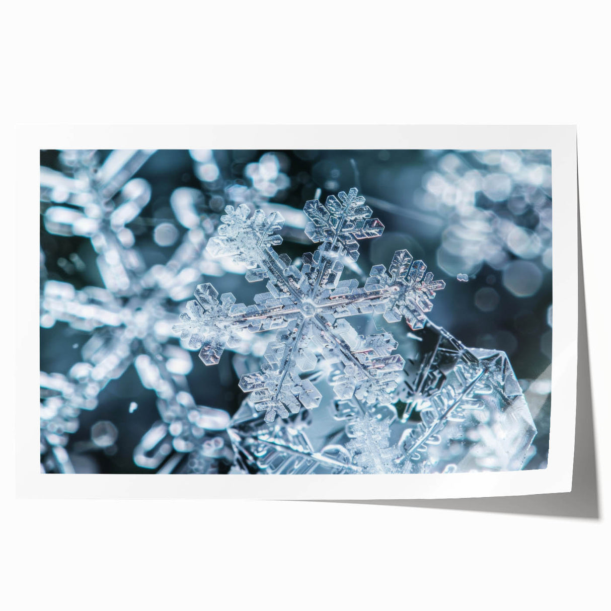 Close-up of frost patterns on ice in muted blue and white tones, rolled print, suitable for art wall dining room.