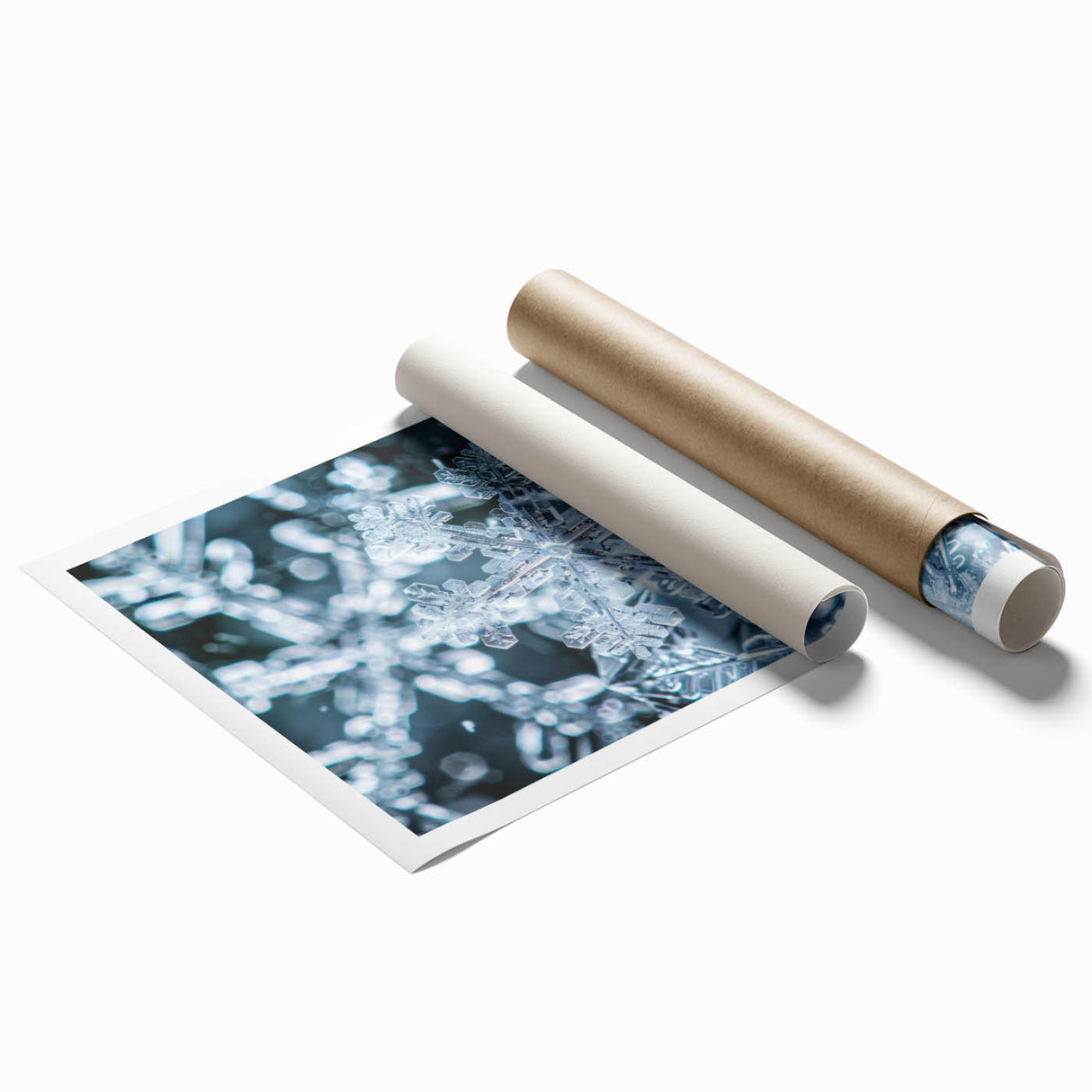 Close-up of frost patterns on ice in muted blue tones, rolled print, suitable for classy bathroom wall art.