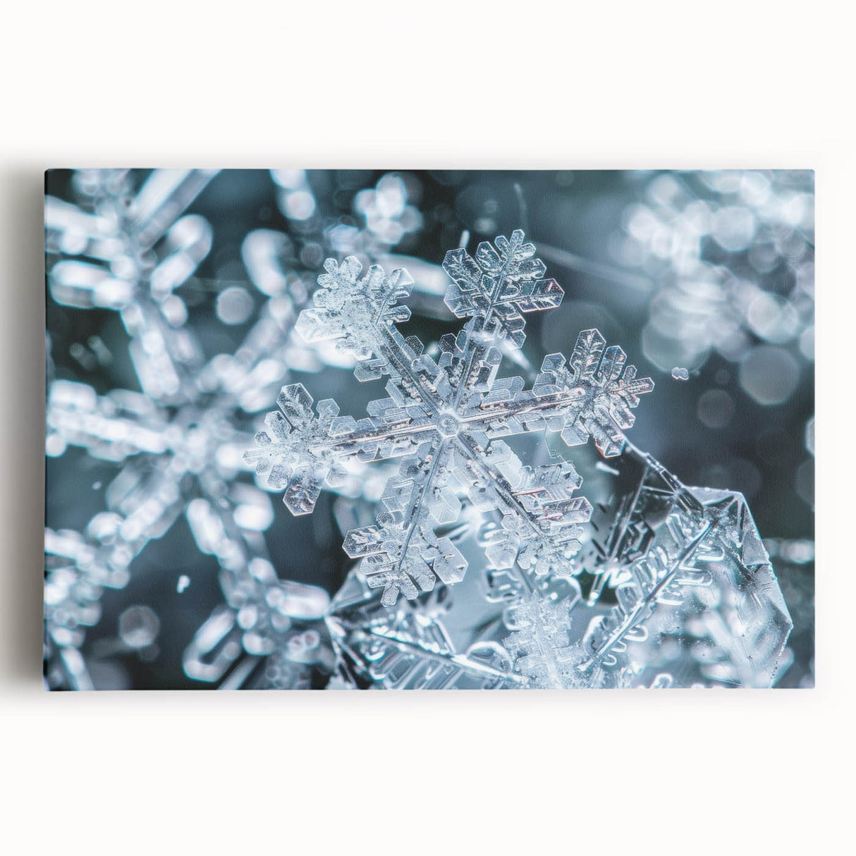Close-up image of frost patterns in black and white on a stretched canvas, suitable for kitchen wall art.
