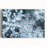 Close-up image of frost patterns in black and white on a stretched canvas, suitable for kitchen wall art.
