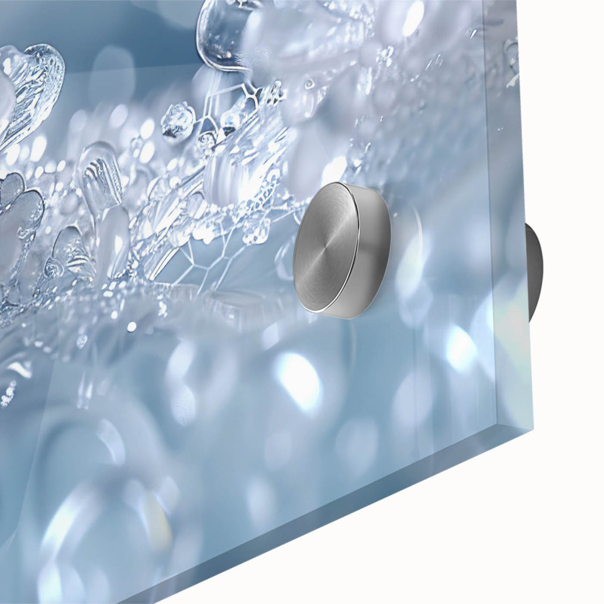 Close-up of frost patterns in muted gray and blue tones on acrylic glass.