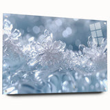 Close-up of frost patterns on acrylic glass, featuring cool blue and white tones, suitable for bedroom or dining room decor.