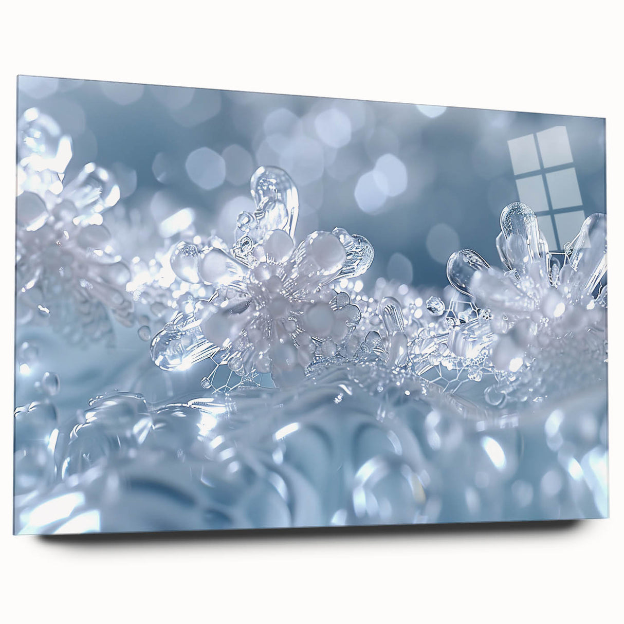 Close-up of frost patterns on ice in muted blue and white tones, printed on large acrylic glass.