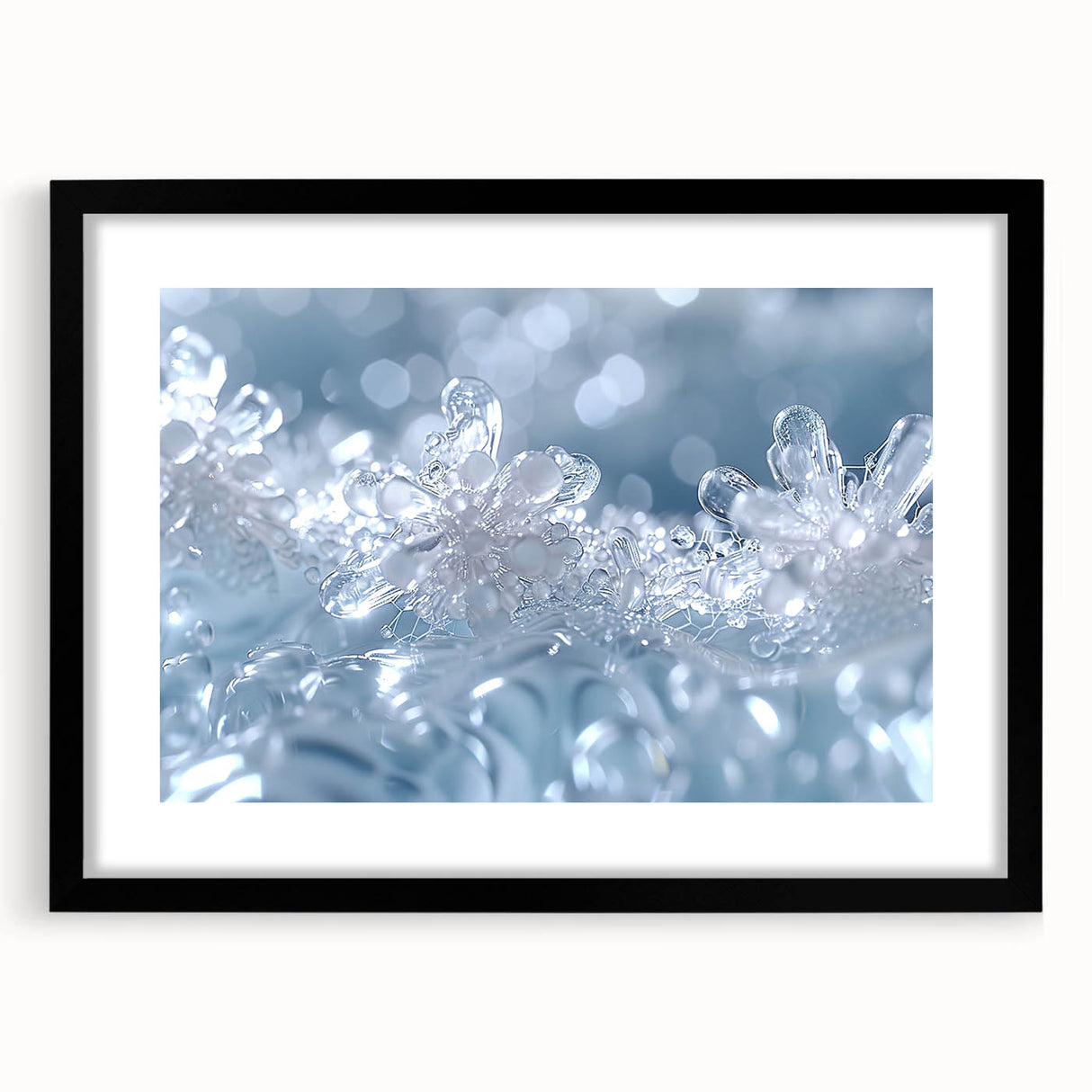 Abstract art print featuring textured frost patterns in vibrant blues and whites on a large canvas.