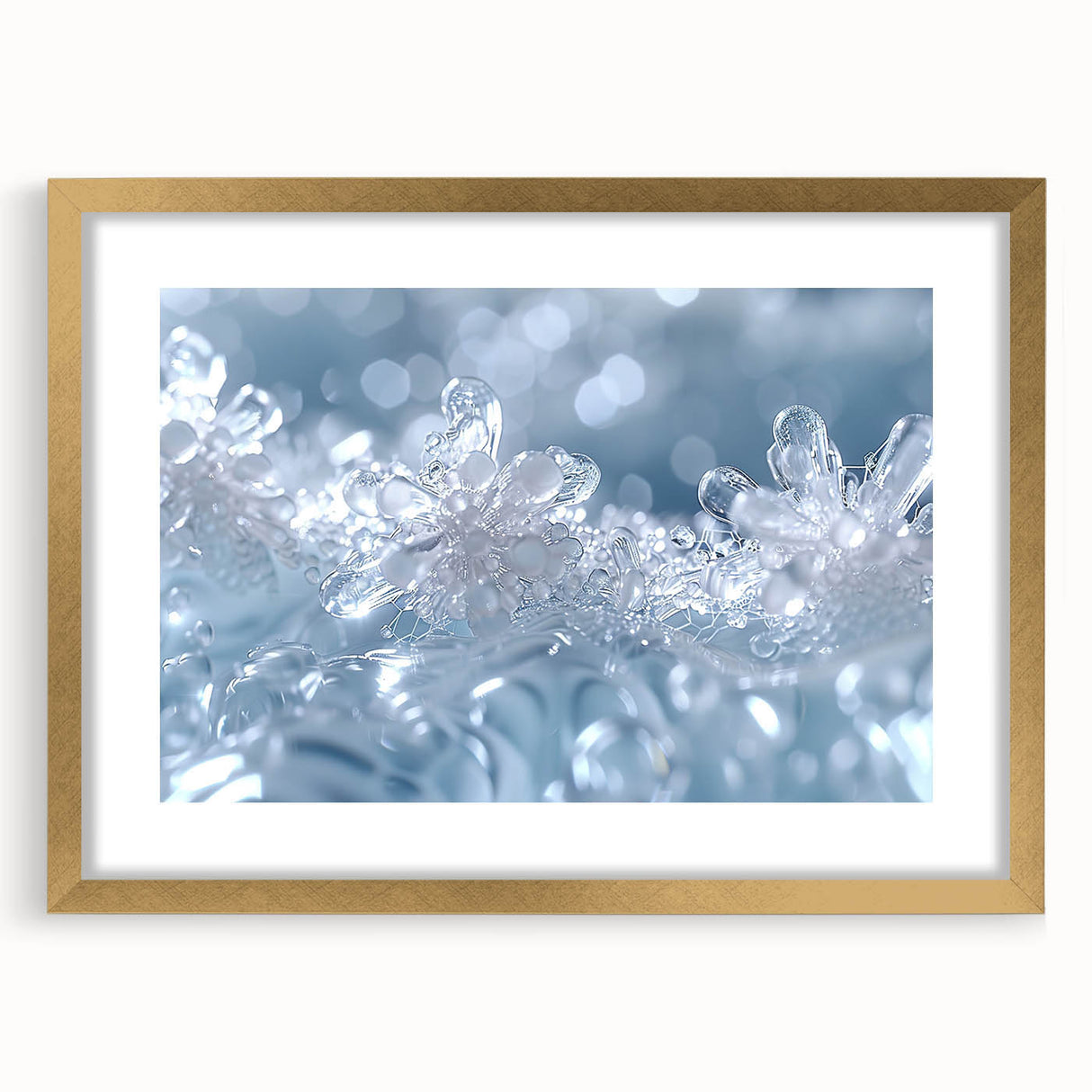 Extra large abstract art print featuring a textured frost design in muted gray tones, framed in gold.