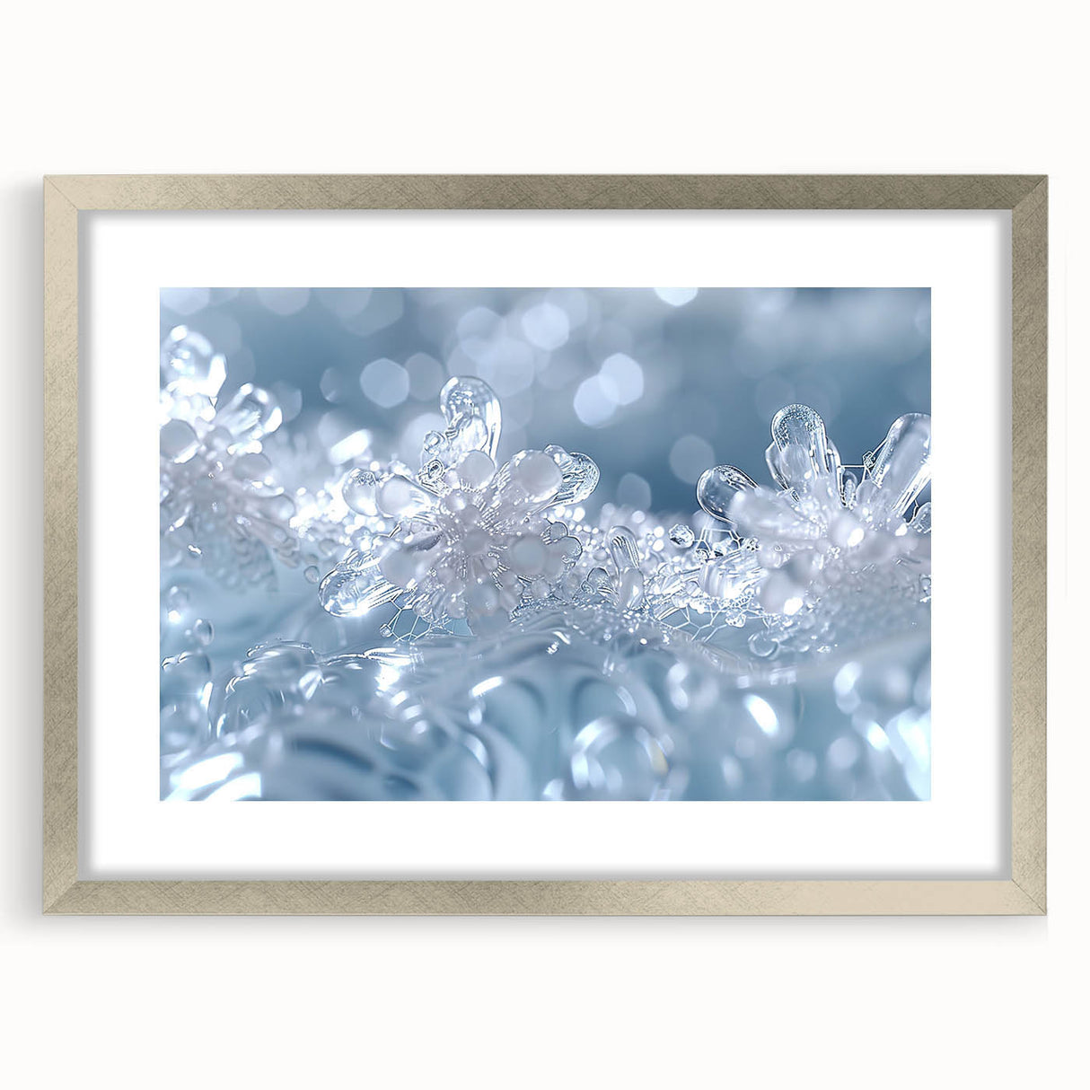 Textured art featuring abstract frost patterns in muted blue and white, framed in silver, suitable for bedroom decor.