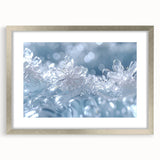 Textured art featuring abstract frost patterns in muted blue and white, framed in silver, suitable for bedroom decor.