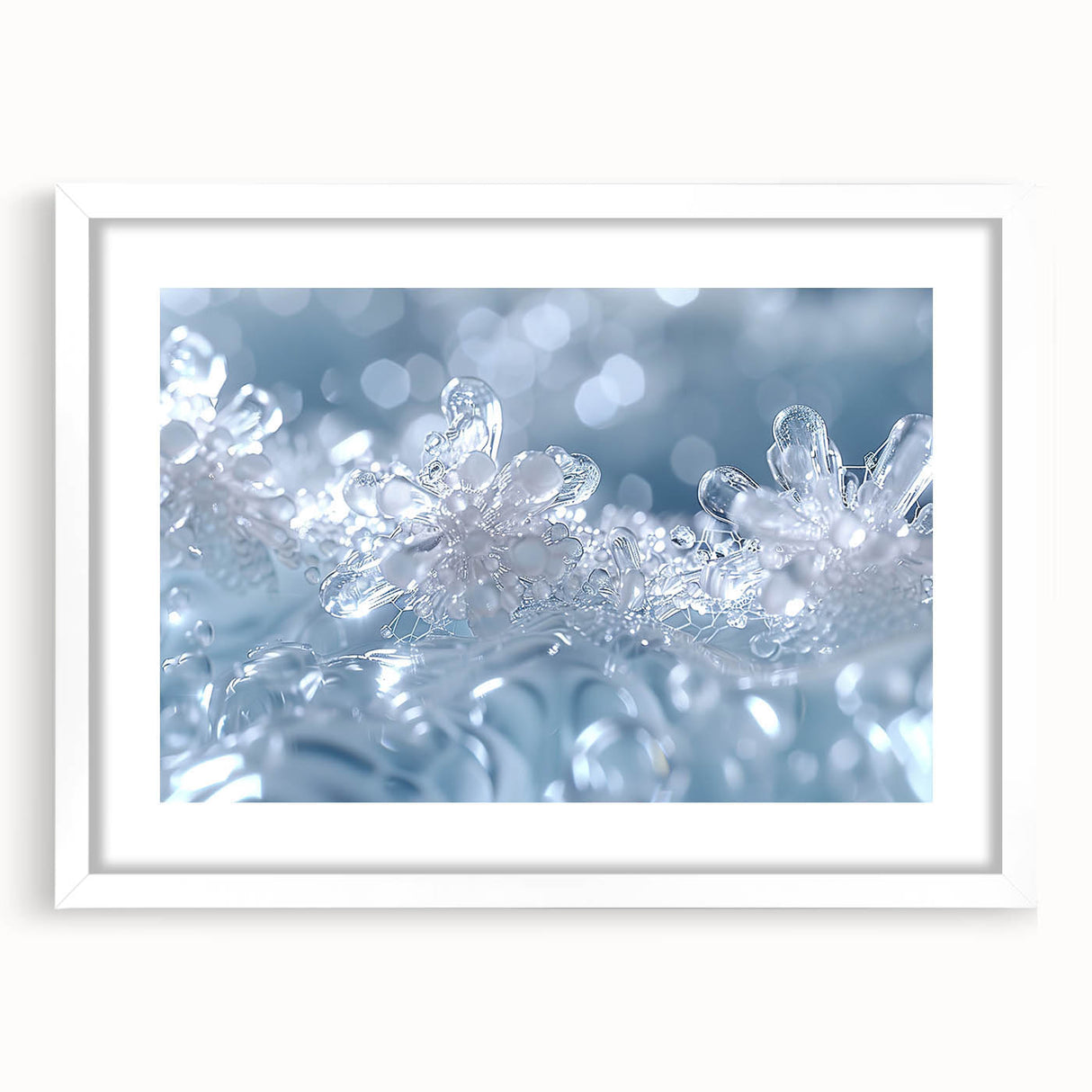 Abstract art print of a frost design in muted blue and white tones, framed with a white mat, suitable for dining room decor.
