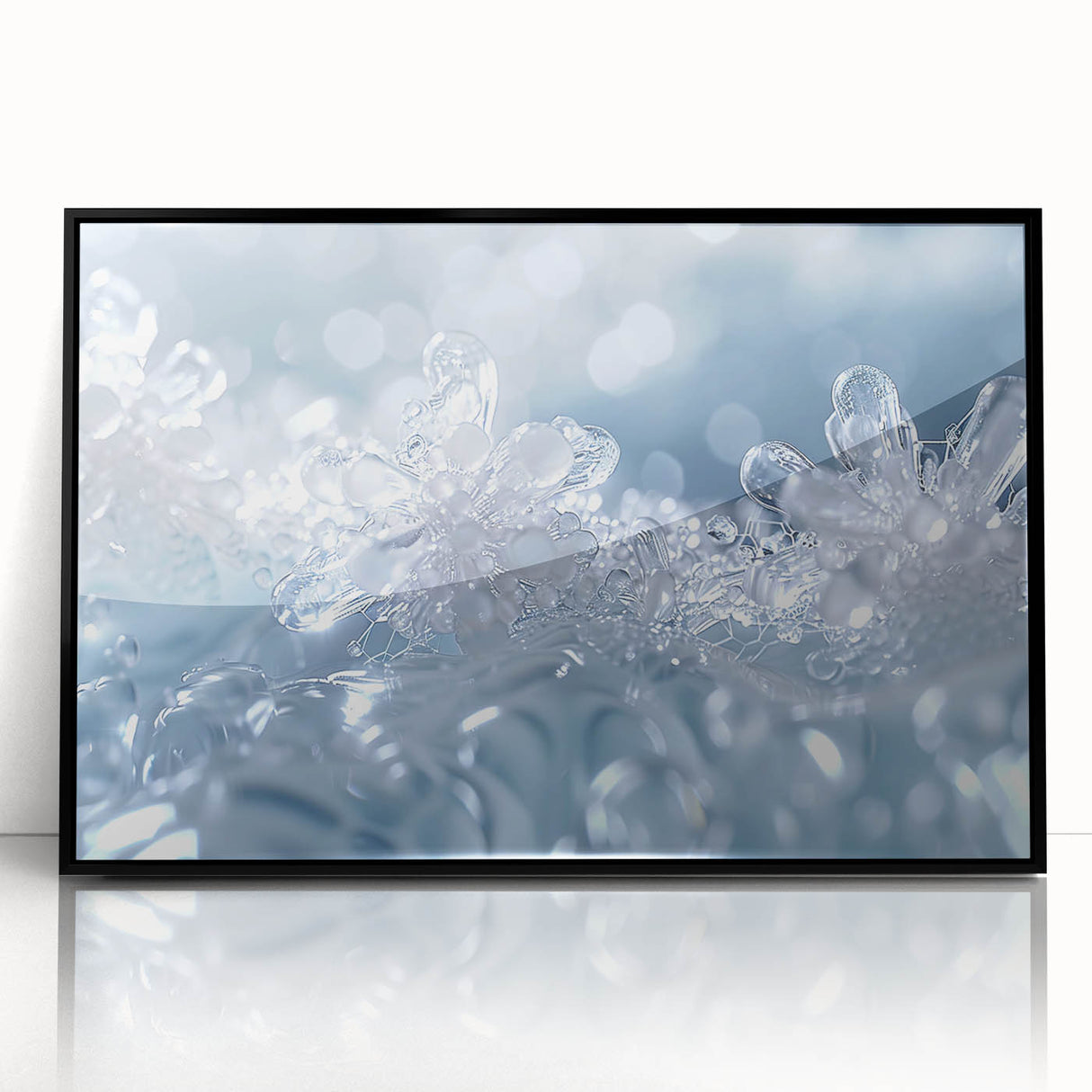 Large abstract wall art featuring a frost design in muted gray tones on a framed acrylic, ideal for modern living room decor.