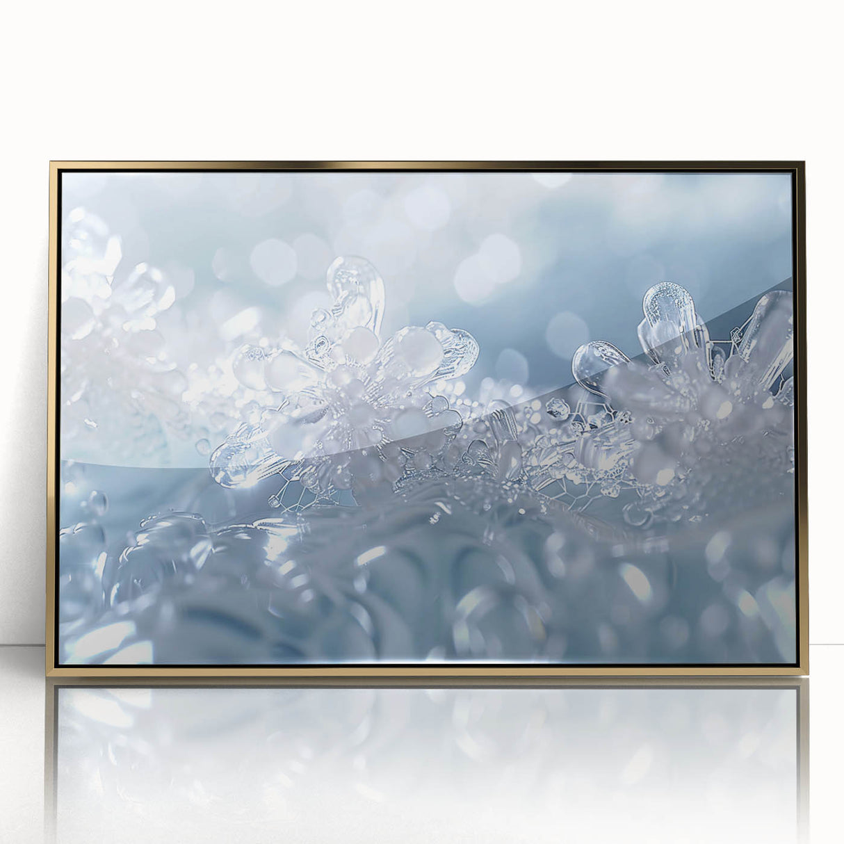 Mid-century modernist art depicting frost patterns, rendered in icy blue tones on framed acrylic.