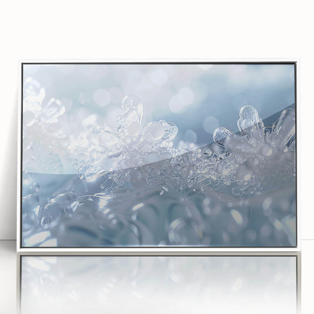 Framed acrylic print of a close-up frost design in cool blue and white tones, ideal for modern art wall decor.