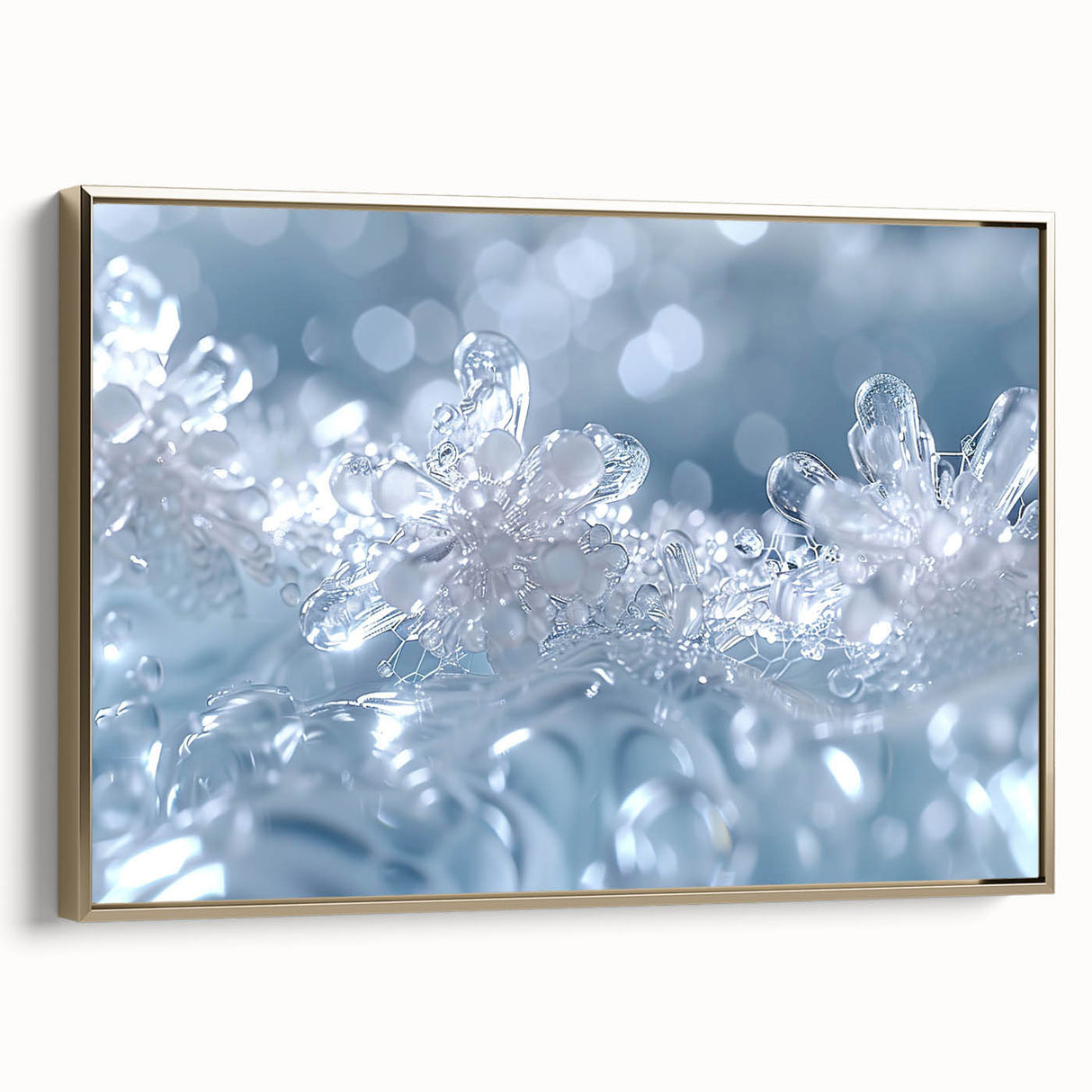 Framed canvas featuring a close-up landscape of frost patterns in gold tones.