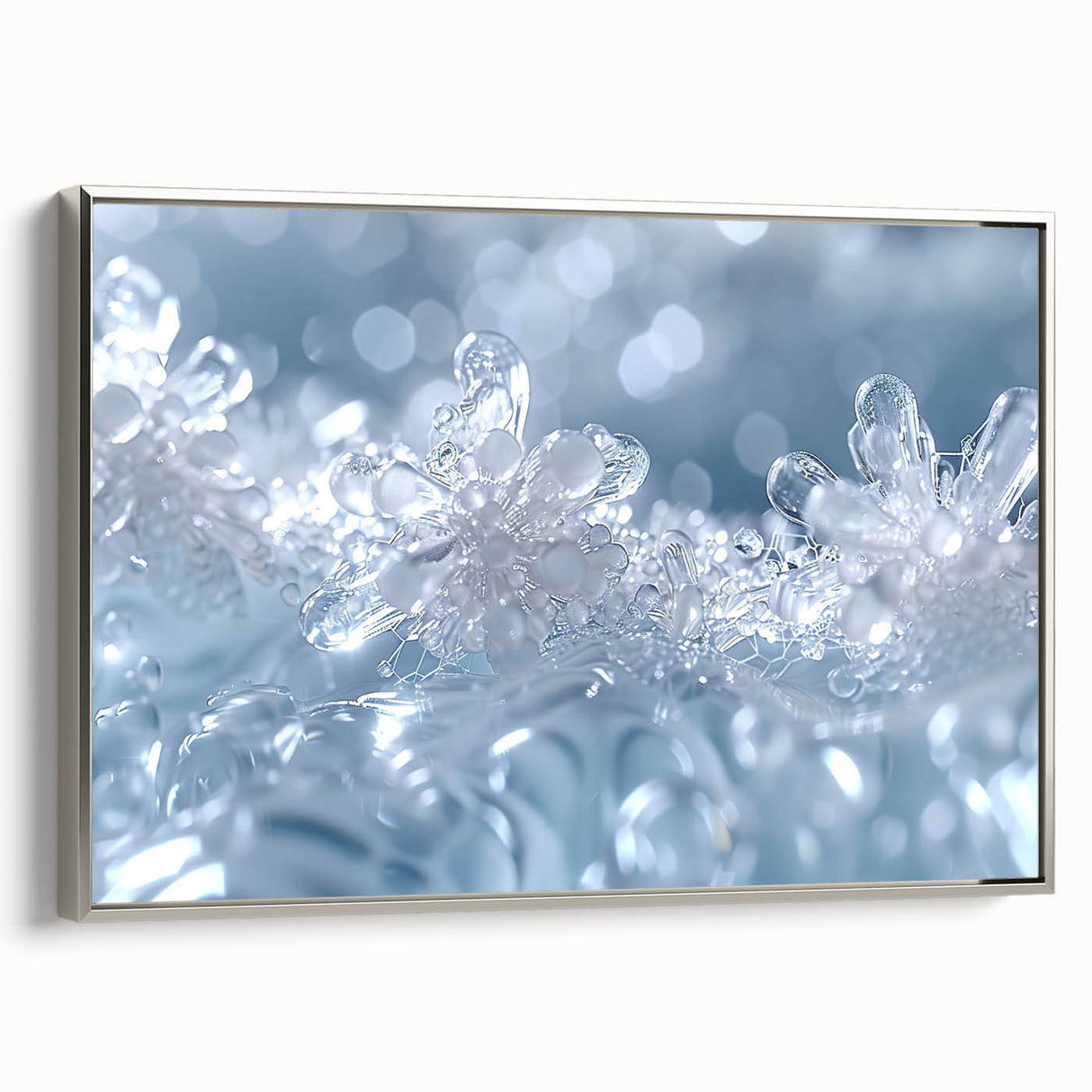 Vintage poster art of a frost pattern in muted black and silver tones on a framed canvas, suitable for living room decor.