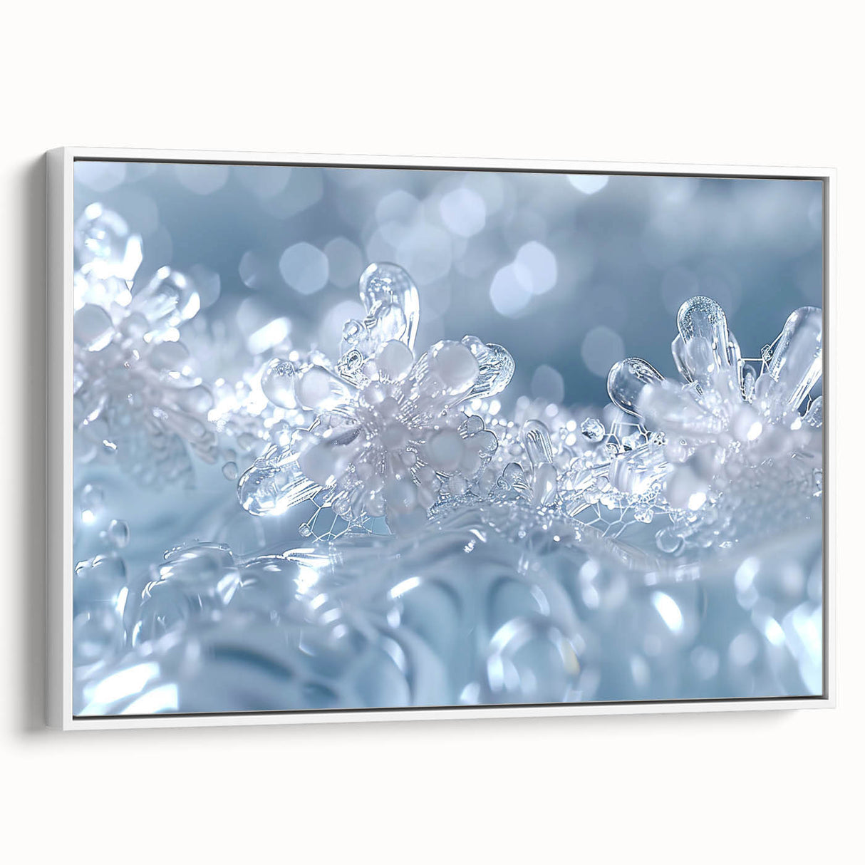 Framed canvas featuring a close-up of frost patterns in black and white, ideal for bedroom wall art.