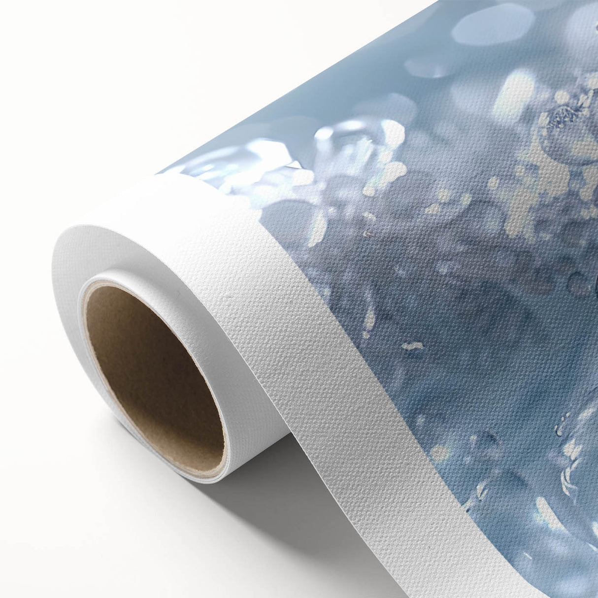 Art deco poster featuring close-up of frost patterns in muted blue and white tones on rolled canvas.