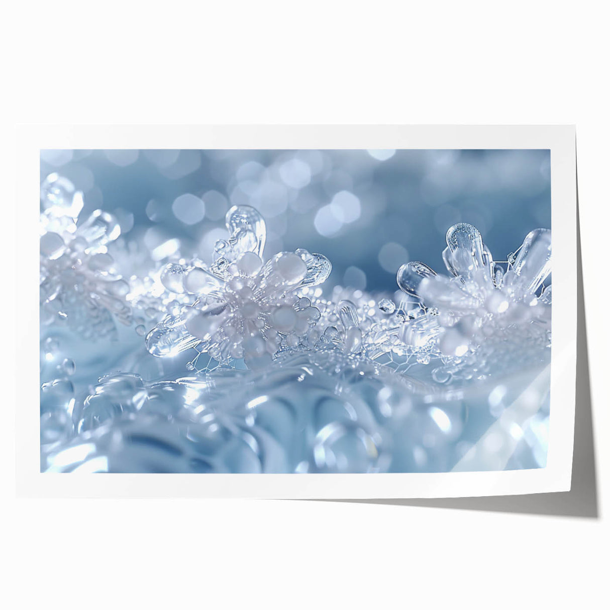 Close-up of frost patterns on ice in muted blue and white tones, rolled print, suitable for dining room or bathroom wall art.
