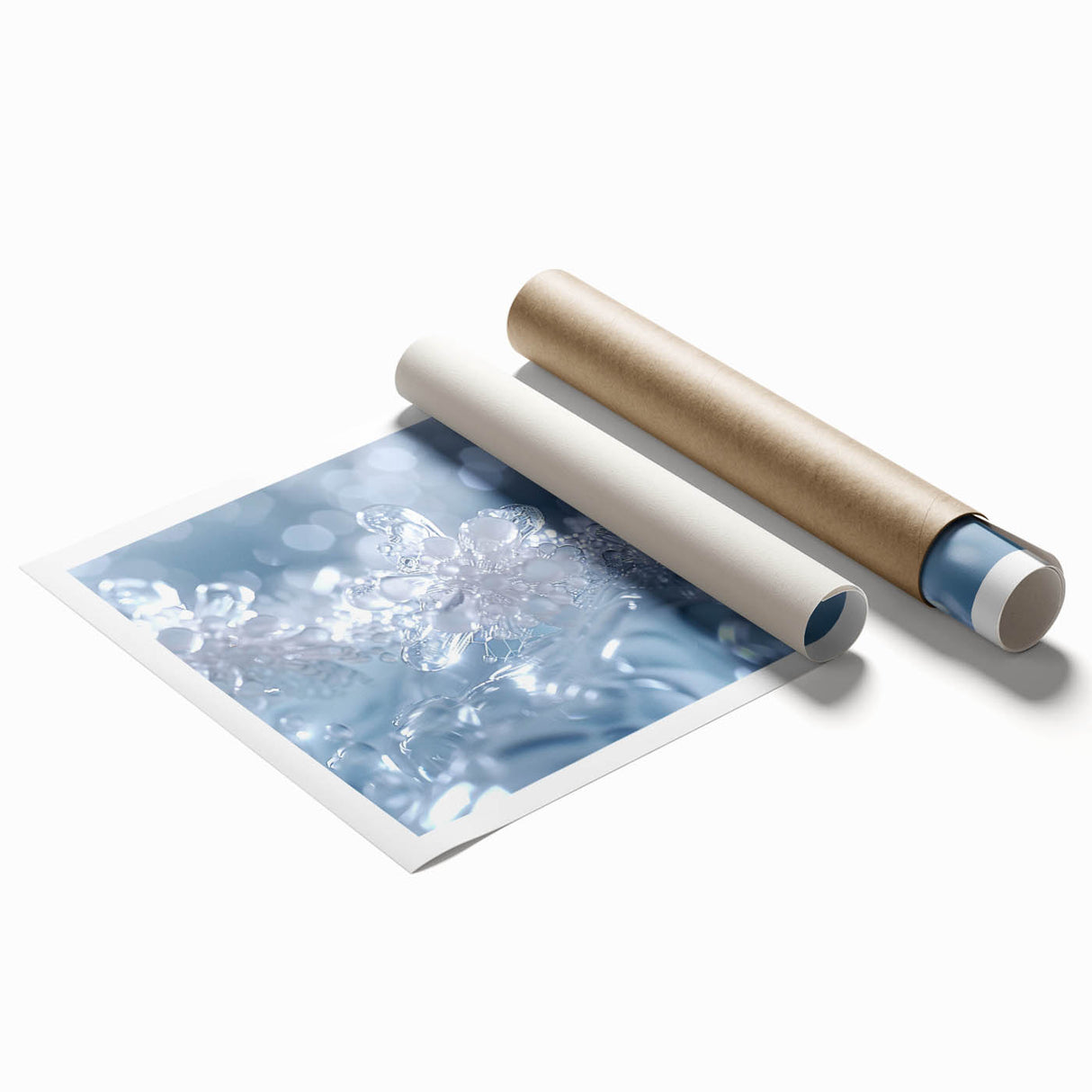 Close-up of frost on leaves in muted blue and white tones, extra large rolled print, ideal for classy bathroom wall art.