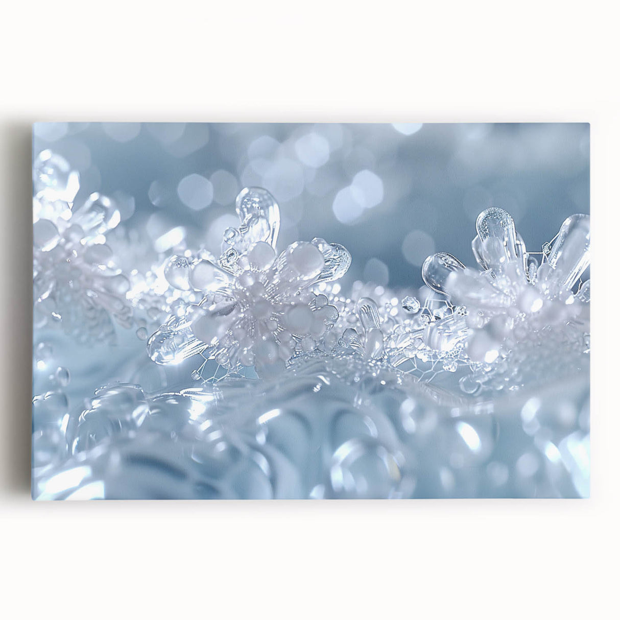 Close-up image of frost patterns in black and white on a stretched canvas, ideal for kitchen wall art.