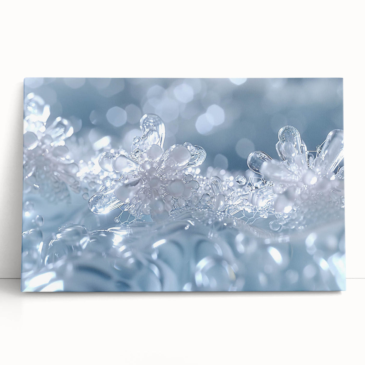 Close-up of frost patterns in black and white on a stretched canvas, ideal for kitchen wall art or bedroom ambiance.