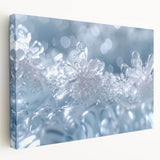 Close-up image of frost patterns in icy tones on a stretched canvas, suited for kitchen wall art.