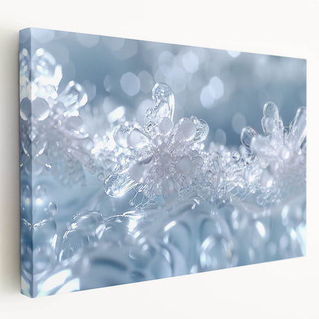 Close-up image of frost patterns in icy tones on a stretched canvas, suited for kitchen wall art.