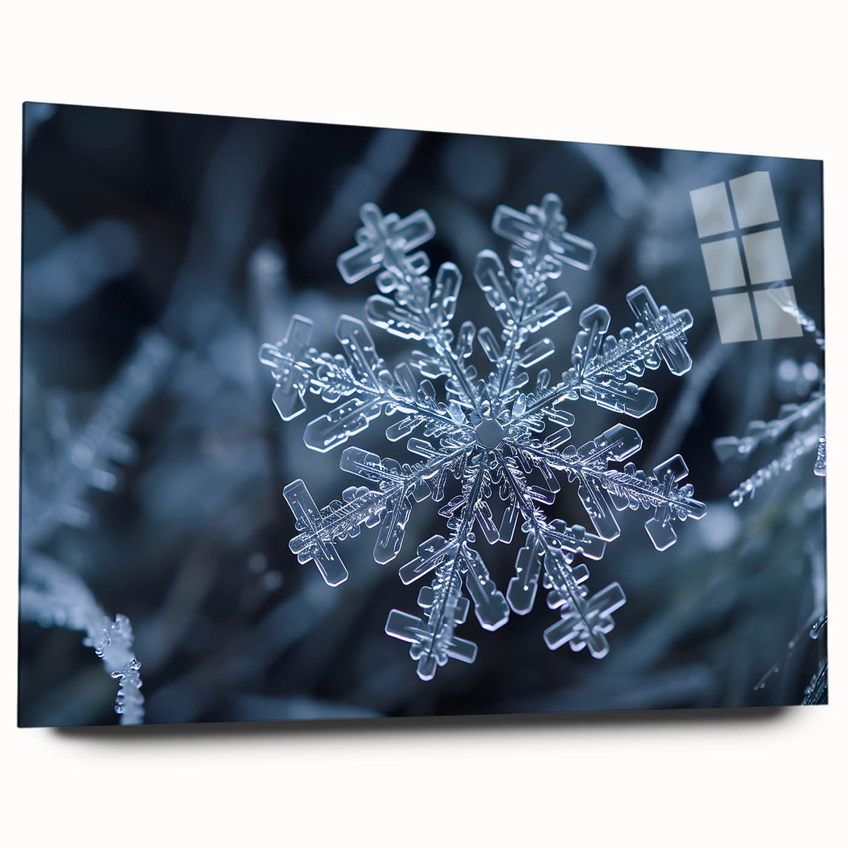Acrylic print of a large abstract frost design in cool blue and white tones, suitable for bedroom or dining room decor.