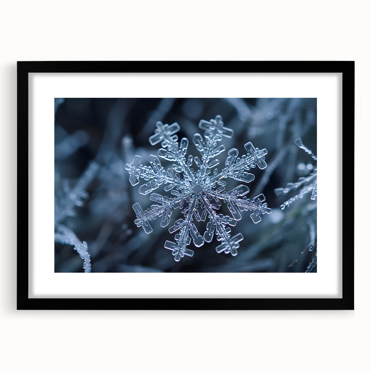 Abstract art print featuring textured, colorful frost patterns, in a black frame with mat, ideal for living room decor.