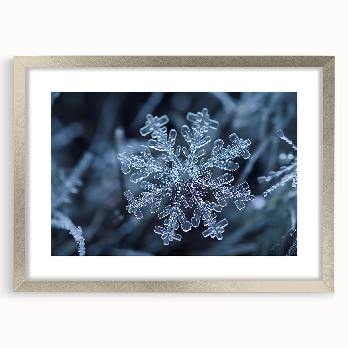 Abstract art print depicting frost patterns in muted gray and blue tones, framed in silver.
