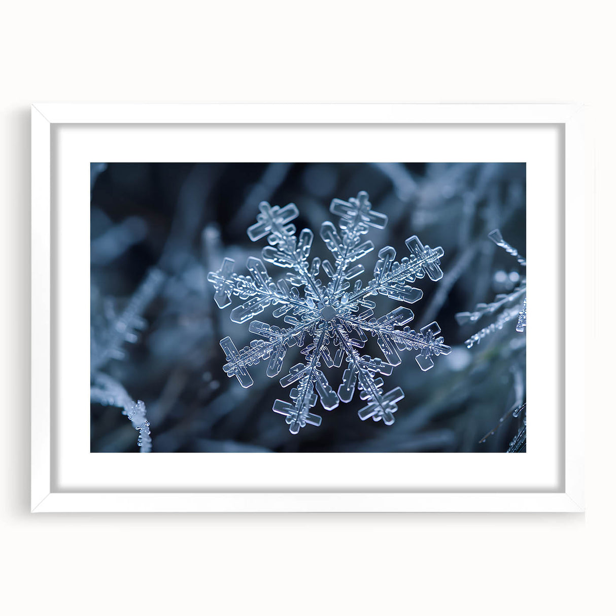 Abstract art print featuring frost-like textures in muted gray, framed in white.