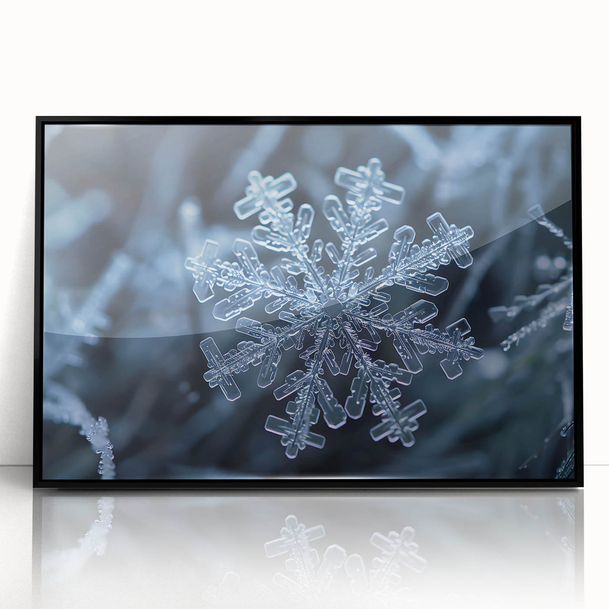 Large abstract wall art featuring a frost design in blue and white tones on a framed acrylic.