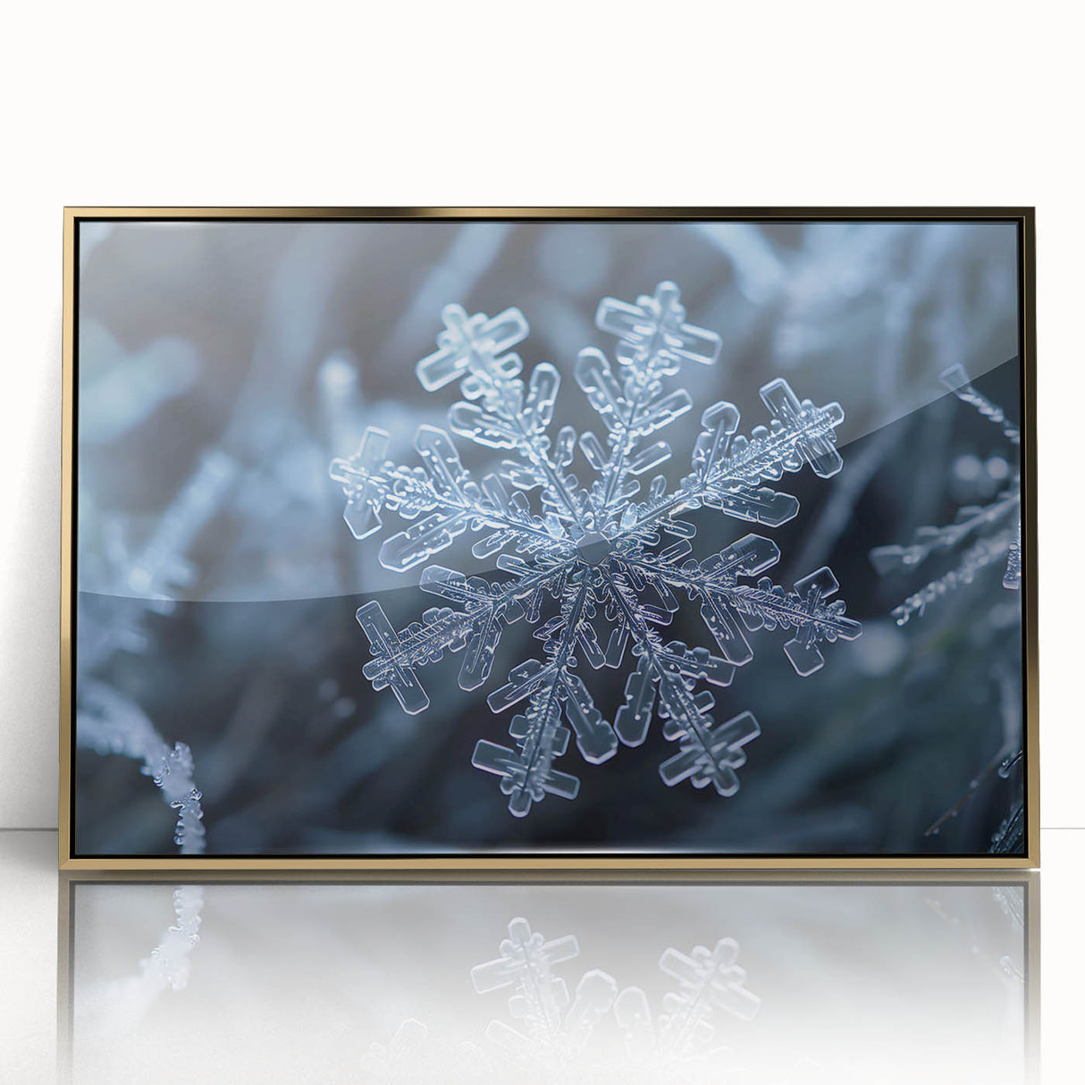 Framed acrylic print of a frost design in icy blue and white tones, ideal for modern art wall decor or nursery.