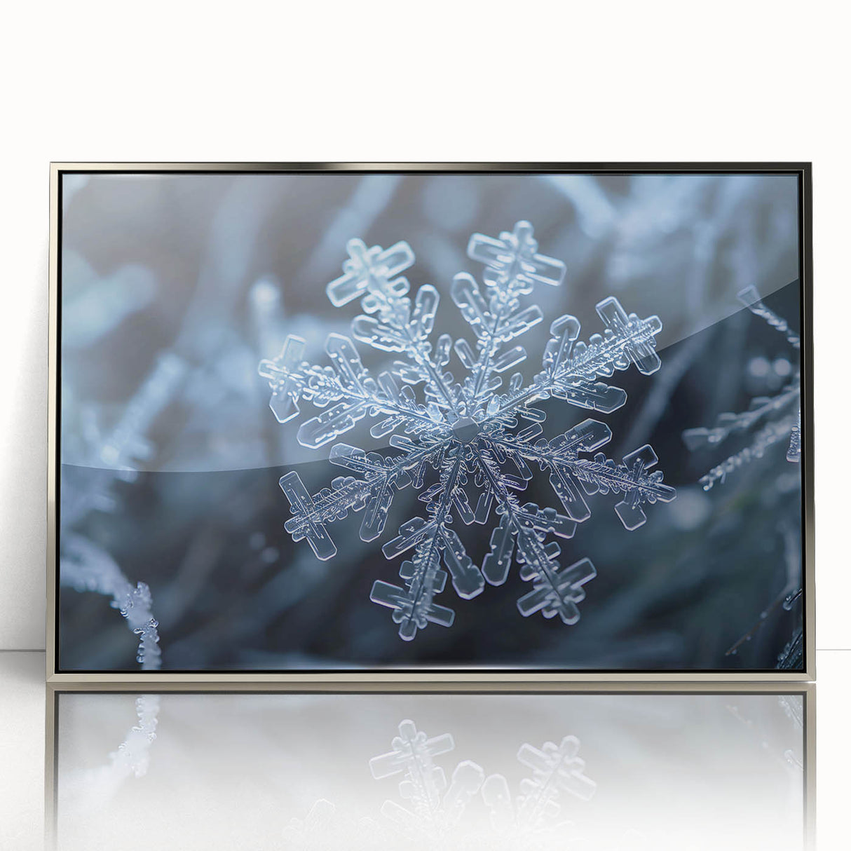 Framed acrylic print featuring a close-up of frost patterns in silver tones, ideal for modern art wall decor.