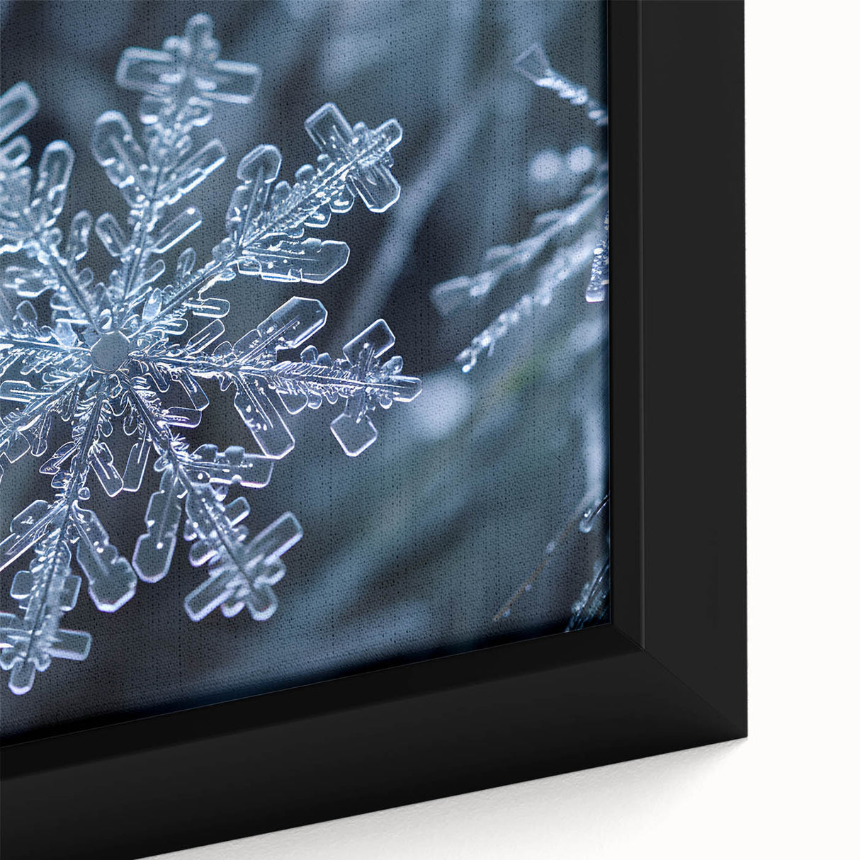 Close-up of textured ice patterns on a black canvas, featuring subtle colorful accents, ideal for modern living room decor.