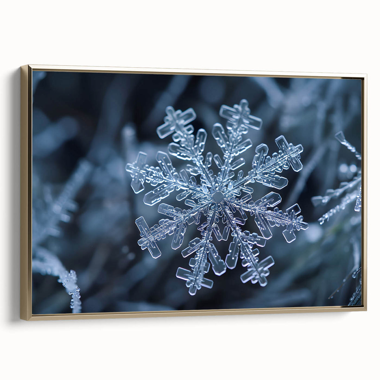 Framed canvas featuring a close-up landscape art painting of frost designs in gold tones.