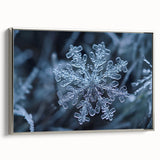 Vintage poster art featuring a close-up of frost patterns in blue and silver tones on a framed canvas.